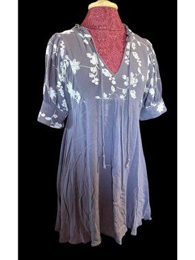 Umgee USA Floral Embroidered Tunic Dress Small Purple 3/4 Sleeves Lightweight Bo